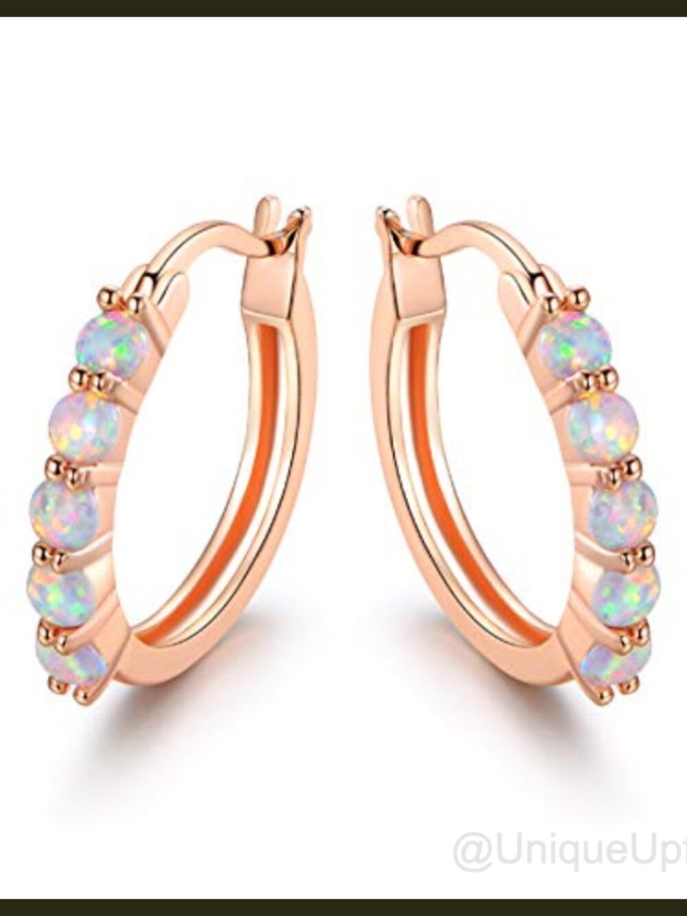 18K Rose Gold Plated Created Opal Hoop Earrings Hinged Hoop